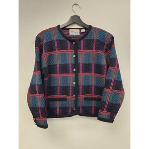 Tally-Ho Cardigan Sweater Womens Medium Black Green Plaid Gold Buttons Pockets